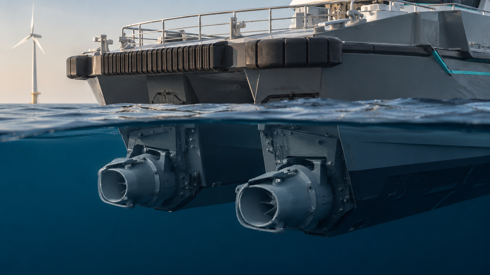 Twin grey L-drive waterjet installation shown at the stern of a service vessel